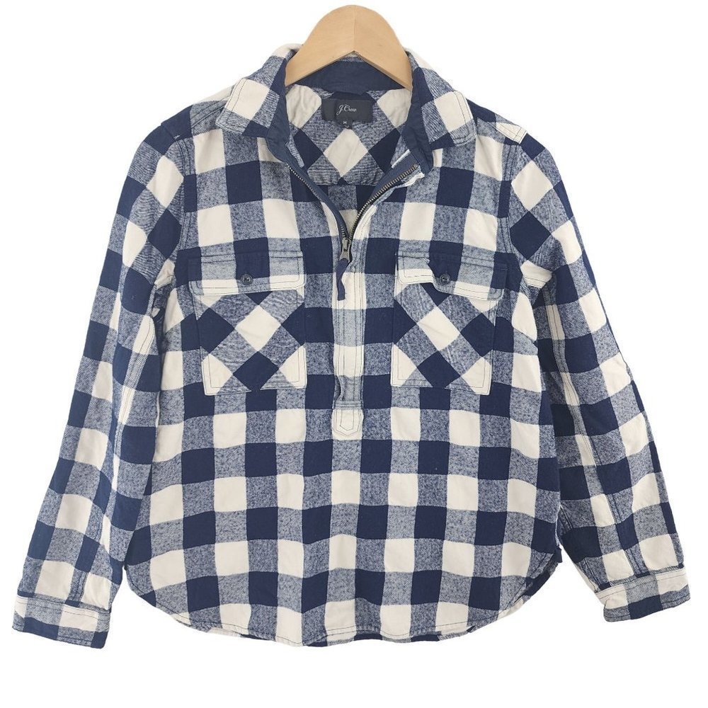 J. Crew Wool Blend Plaid Zip up pullover Women's Long sleeve Shirt M